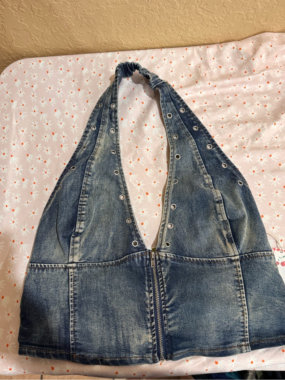 Denim Halter Zip-Front Crop Top in Washed Blue